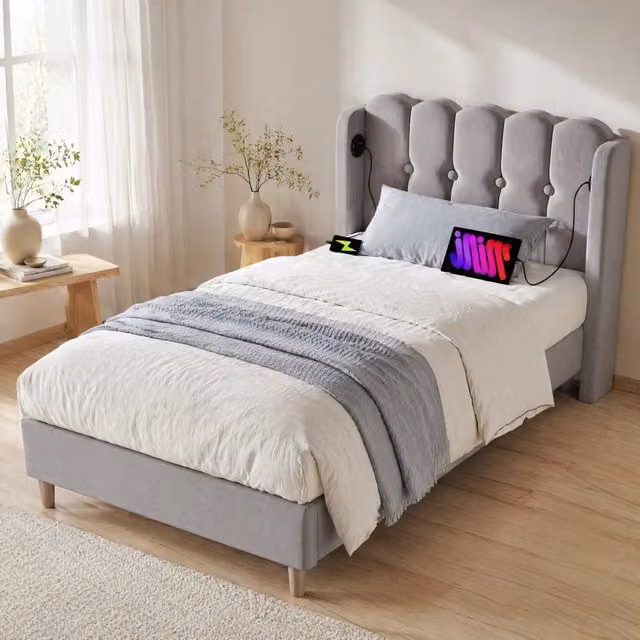 Letto singolo imbottito ULEVR 90x200 cm con rete a doghe, USB e Type-C, rivestimento in lino grigio