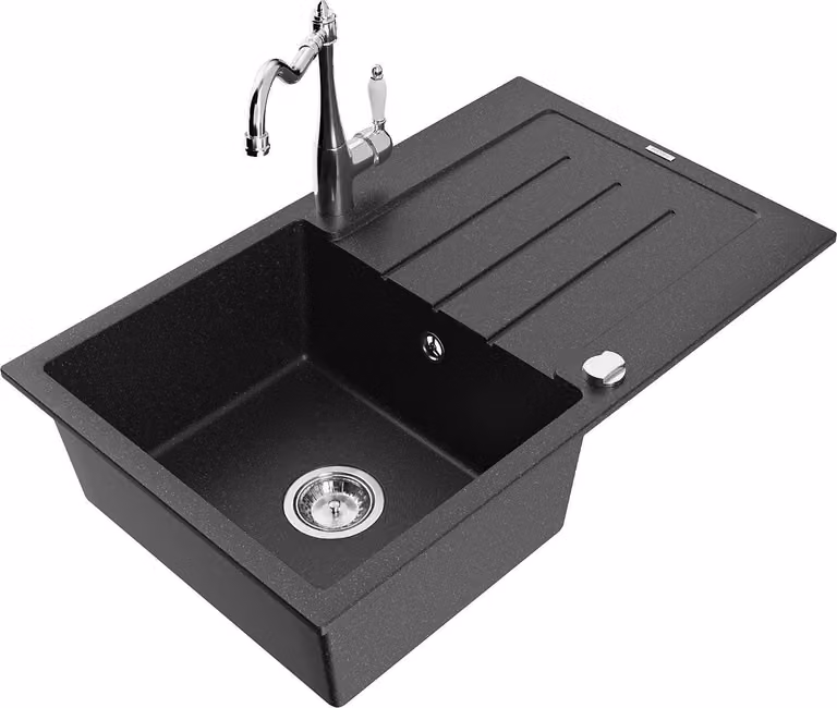 Mexen Bruno lavello in granito a 1 vasca con scolapiatti e rubinetto da cucina Carla, nero/argento metallizzato