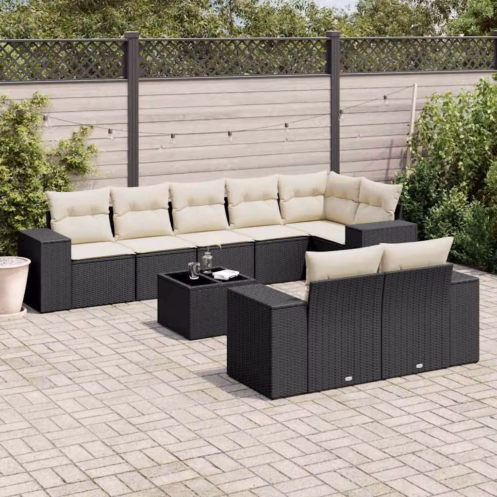 Set di divani da giardino vidaXL 9 pz in polyrattan nero con cuscini e tavolino da esterno a forma di L – 1