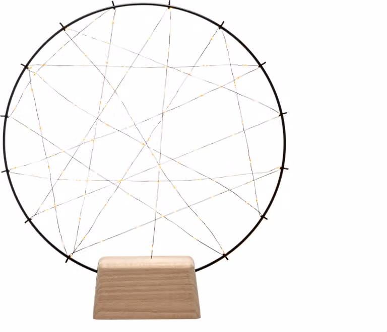 Konstsmide - Lampadario a LED in metallo "small ring", con base in legno, nero, con dimmer, con interruttore on/off, avvolto da un filo nero, 100 diodi color ambra, trasformatore interno da 4,5 V, 2 W, cavo nero