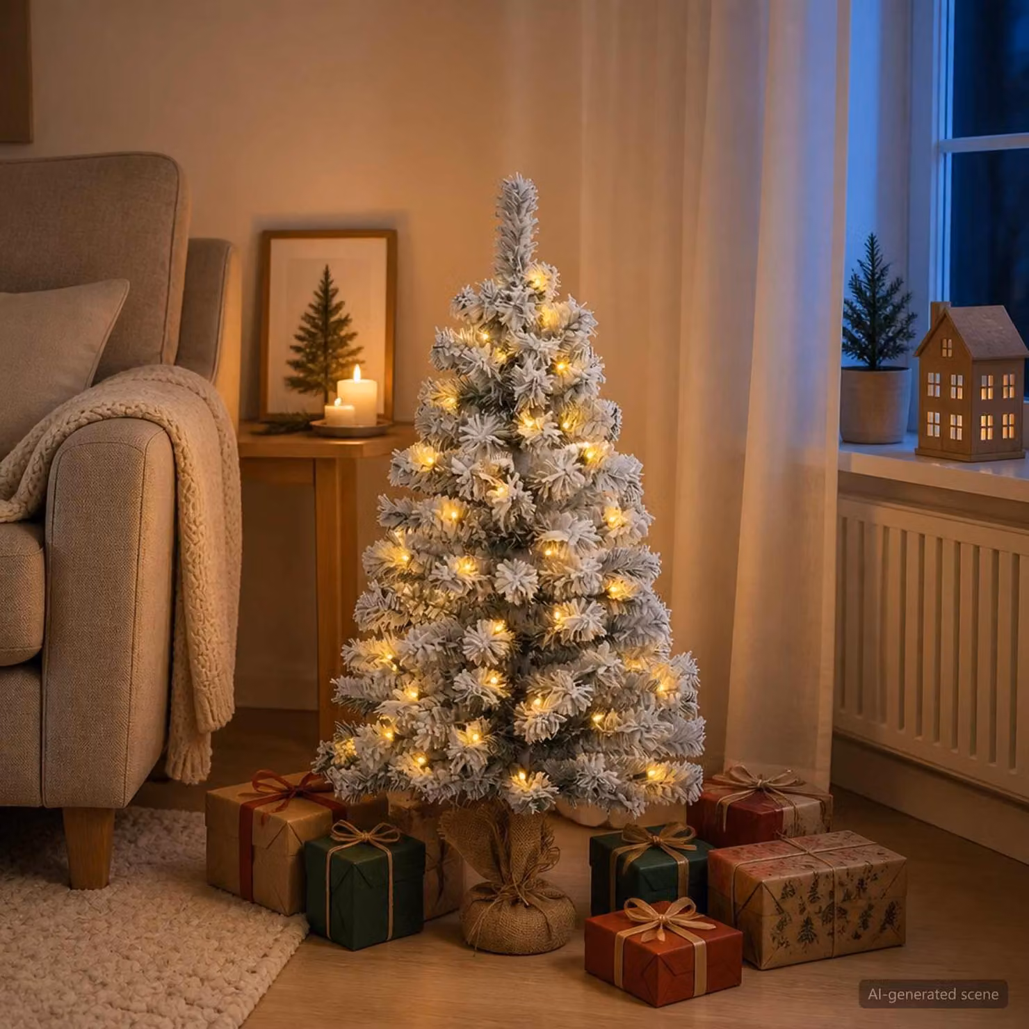 Albero di Natale mini, 90 cm, 50 LED, luce bianca calda, in PVC, verde e bianco