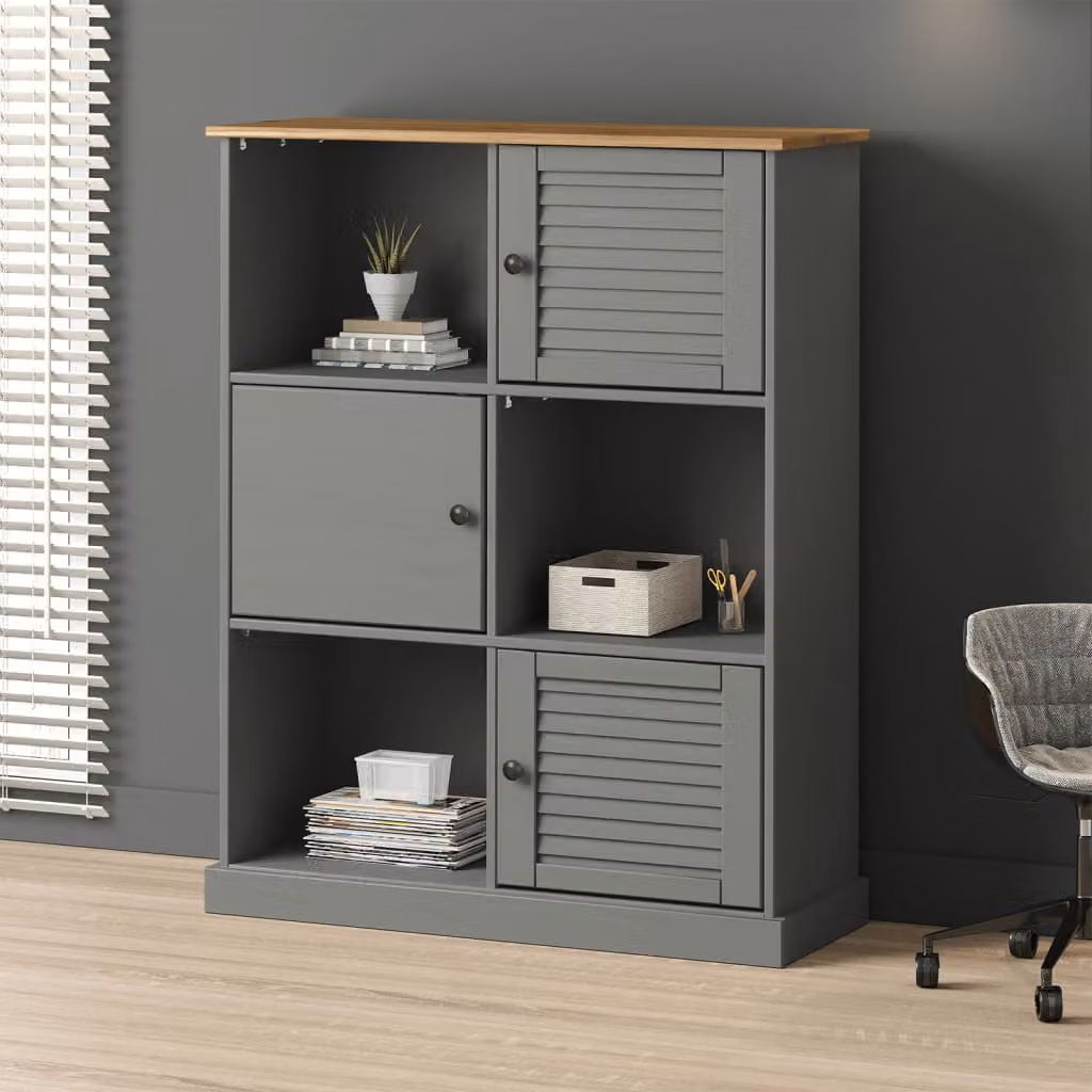 Libreria VIGO vidaXL in legno massello di pino grigio, L 90 cm x P 35 cm x H 114,5 cm