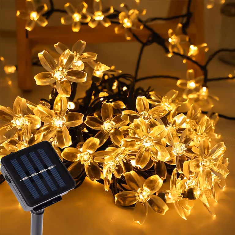 Catena luminosa solare, 12 metri, 100 LED, motivo floreale, 8 modalità, impermeabile