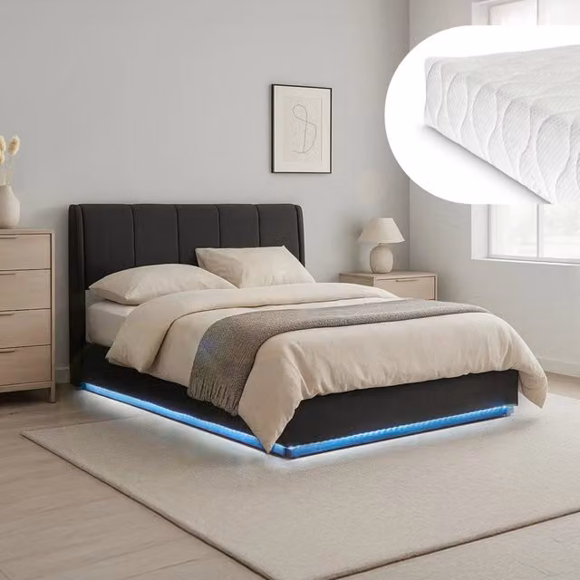 Letto Matrimoniale Contenitore Tröstiar a Luce LED con Materasso 160x200 cm - Effetto Lino Nero [en.casa]