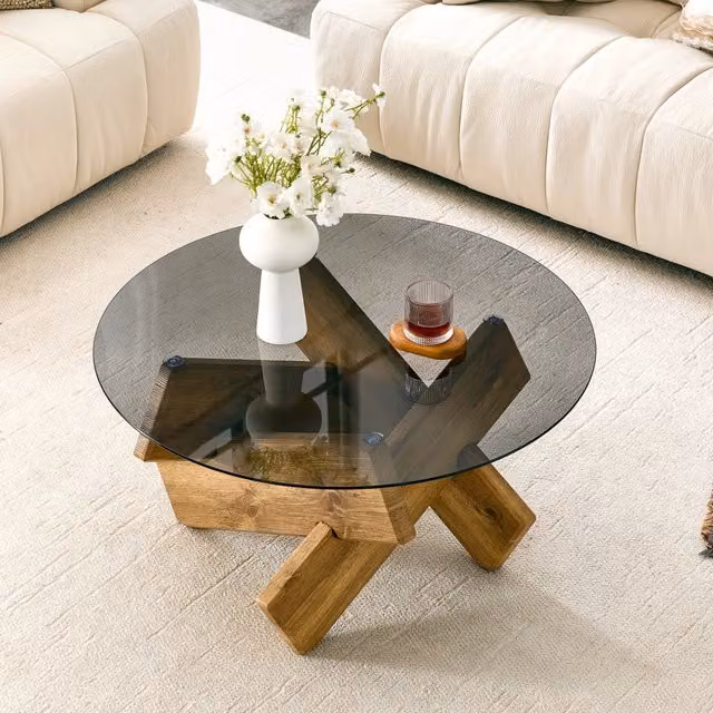 Tavolino da caff¨¨ rotondo moderno con piano in vetro e robusta base di design effetto legno o marmo, diametro circa 79 cm, altezza circa 45 cm, ideale