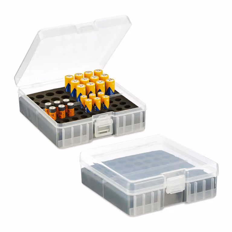 Contenitore per batterie Relaxdays, set da 2, per 60 batterie AA e AAA, A x L x P: 5,5 x 15 x 15,5 cm, contenitore per batterie, trasparente/nero