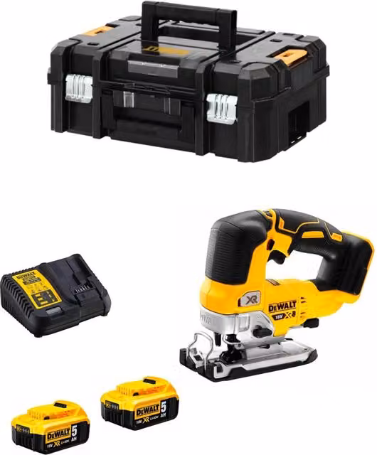 Seghetto Alternativo DeWalt DCS334P2T Giallo con 2 Batterie da 5,0 Ah e Caricabatterie DCB115 in Valigetta TSTAK II