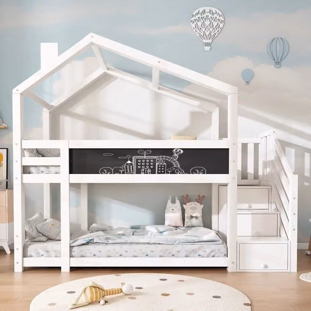 Letto a castello con struttura a casetta REDOM per bambini, colore bianco, con scale contenitore e lavagna, dimensioni L/P/H: 200 x 90 x 176 cm