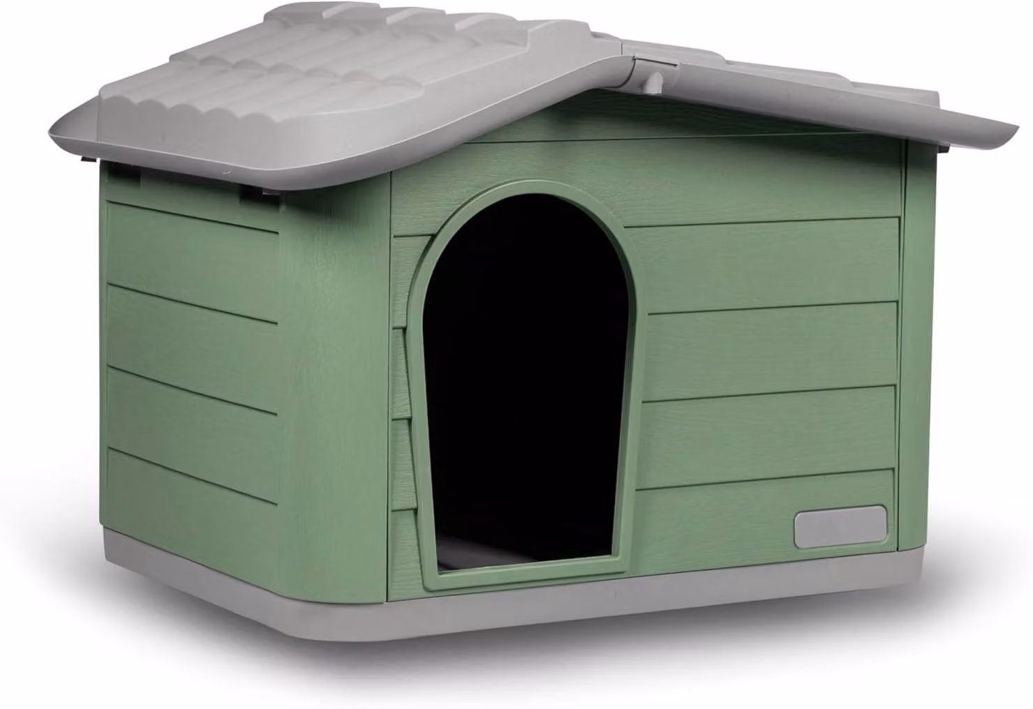 Cuccia per cani con aspetto in legno, realizzata con materiale plastico riciclato al 100%, dotata di sistema di ventilazione, adatta sia per interni che per esterni