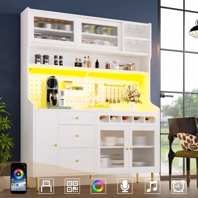 Armadio alto 145x39x171 cm bianco per soggiorno, cucina e sala da pranzo con ripiani regolabili, illuminazione LED, cassetto e portabottiglie