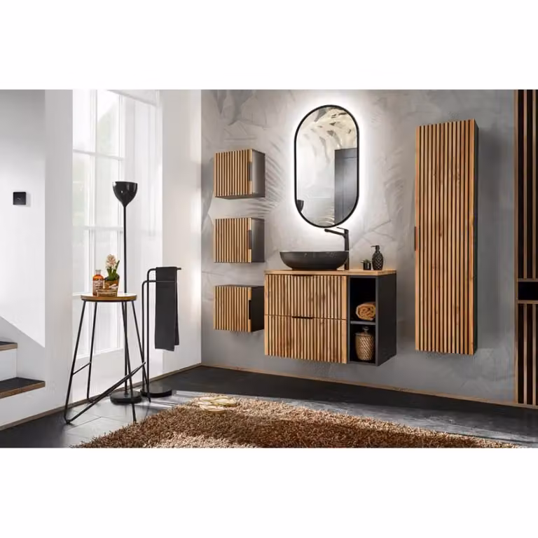 Mobile da bagno sospeso Meublorama con ante a battente, finitura opaca, Grigio antracite - L: 20 cm, P: 57 cm, H: 46 cm