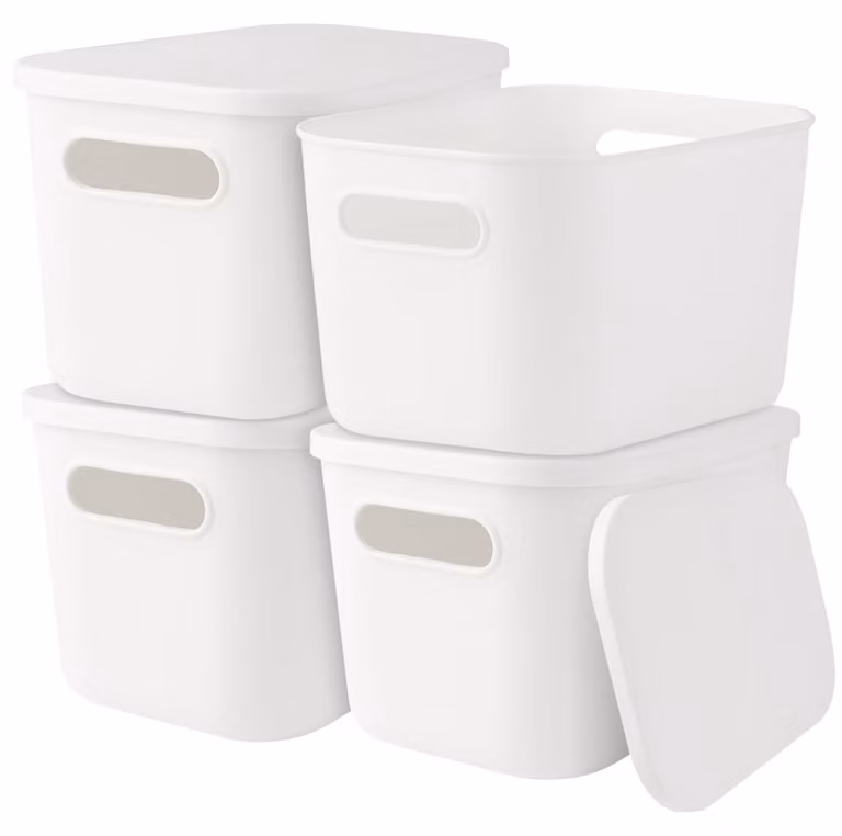 Set di 4 contenitori in plastica impilabili con coperchio, dimensioni 26x18x16 cm