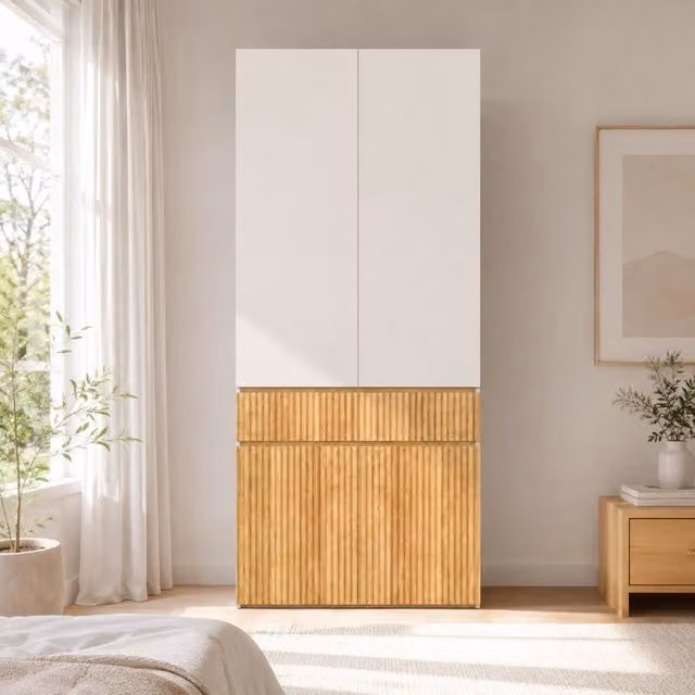 Armadio alto 90 x 50 x 200 cm; 4 ante a battente; 1 asta appendiabiti; 1 cassetto; design moderno; rovere chiaro