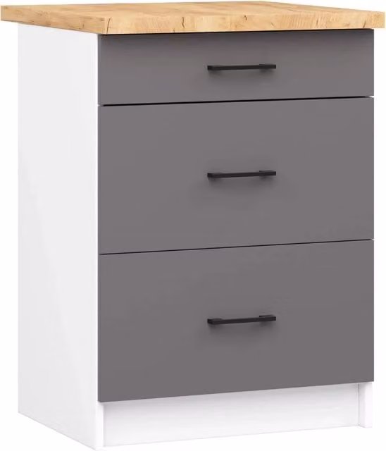 Mobile cucina modulare AKORD OLIWIA con piano di lavoro, 3 cassetti e ante a battente, Bianco e Grigia Grafite, L: 60 cm, P: 46 cm, H: 85 cm