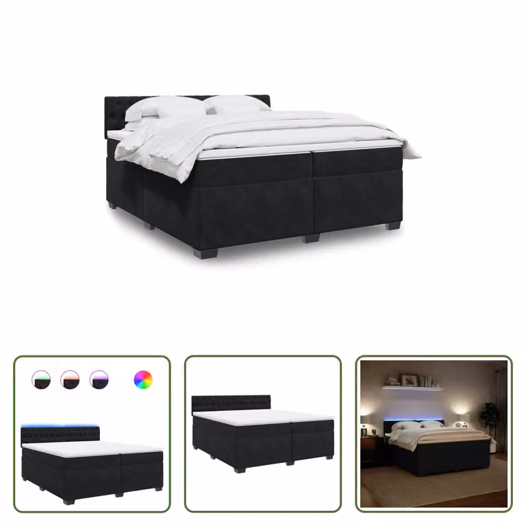 The Living Store Letto a molle con materasso nero 200x200 cm in velluto