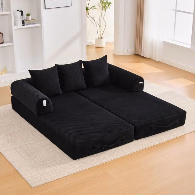 Divano modulare 200x94x67 cm con 3 cuscini; tasca laterale e struttura in metallo in velluto nero