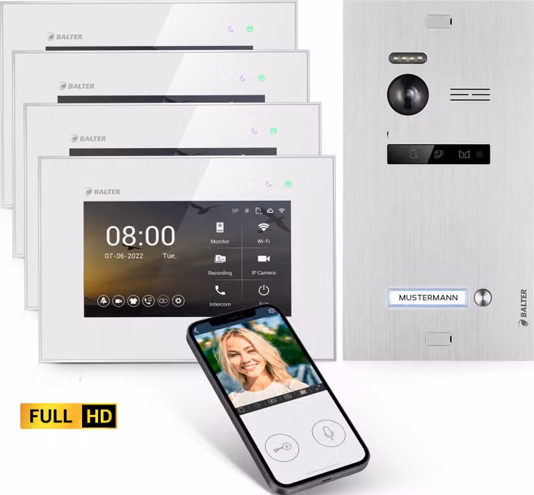 Videocitofono HD con app per smartphone per abitazioni monofamiliari, 4x monitor, Balter EVO HD WLAN