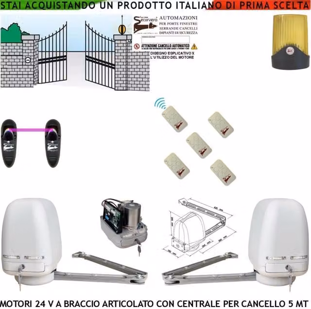 Kit 2 Motori a Braccio Articolato 24 V Cancello Automatico 2 Ante da 0,5 a 2,5 MT Centrale 220/24 V 5 Radiocomandi Faro Fotocellule