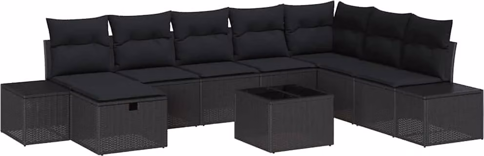 Set Divano da Giardino con cuscino 9 pcs Nero polyrattan