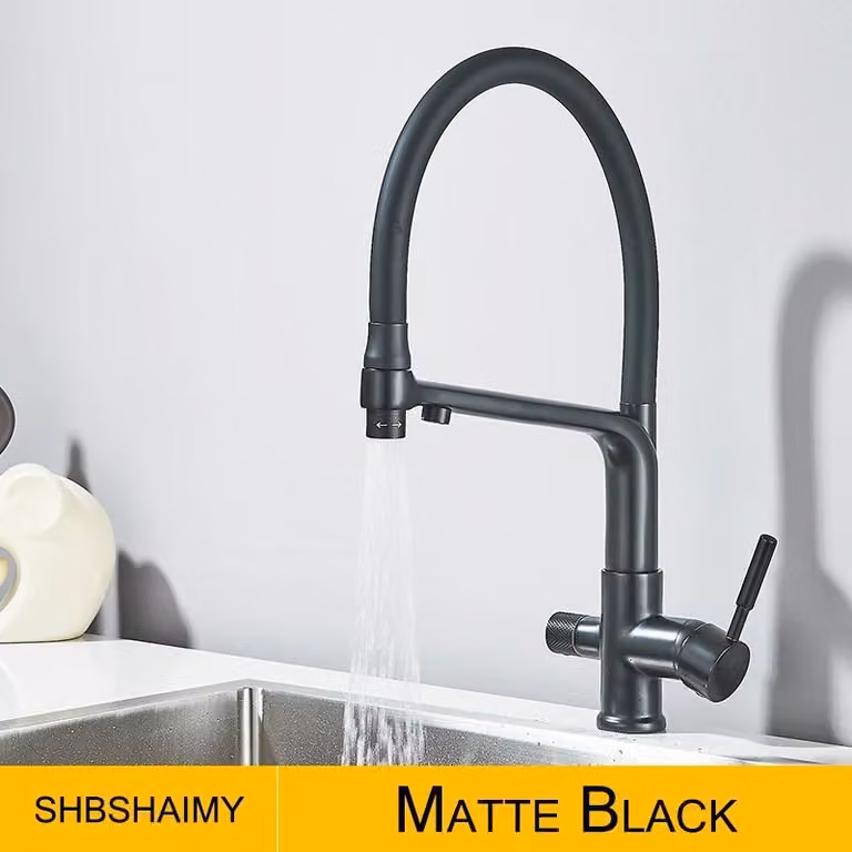 Rubinetto da cucina - Rubinetto a 3 vie con filtro - Due maniglie, acqua calda/fredda + acqua filtrata, orientabile a 360°, doccetta estraibile, montaggio monoforo - Nero opaco