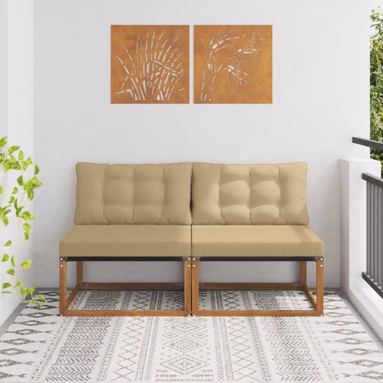 Set di 2 divani centrali da esterno vidaXL in legno di acacia massello con cuscini beige e marrone