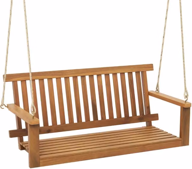 Panchina a dondolo in legno di acacia marrone con braccioli e 2 corde di canapa per giardino, balcone o terrazzo, portata massima 360 kg
