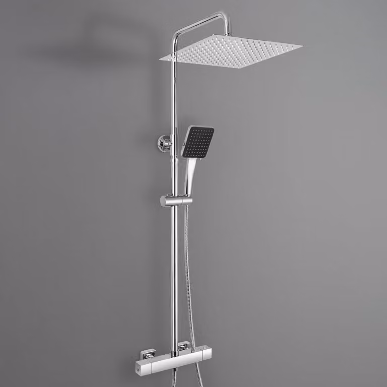 Set completo per doccia a soffitto con termostato, finitura cromata in acciaio inossidabile, dotato di soffione a soffitto da 30 cm, barra doccia regolabile in altezza da 88 a 124 cm e doccetta manuale quadrata con 6 getti