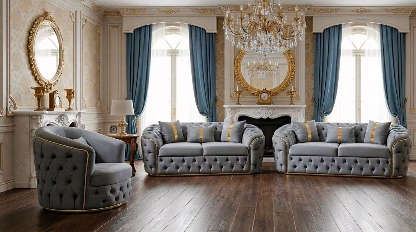 Divano Chesterfield classico, imbottito, a tre posti, con poltrona coordinata