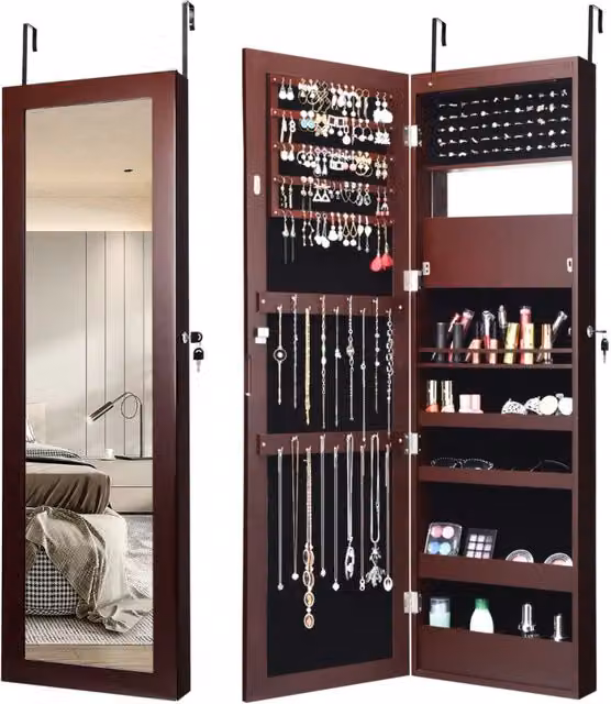 Armadio per gioielli con specchio LED 119cm di altezza, Armadio per gioielli montabile a parete o porta Marrone