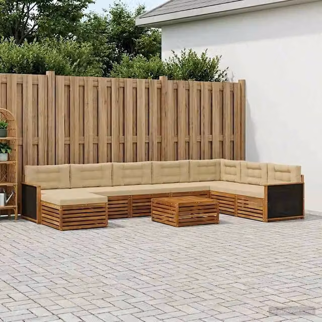 Set di divani da esterno a L vidaXL in legno di acacia con 9 pezzi, colore beige e marrone, comprensivo di pouf, tavolino e cuscini – 1