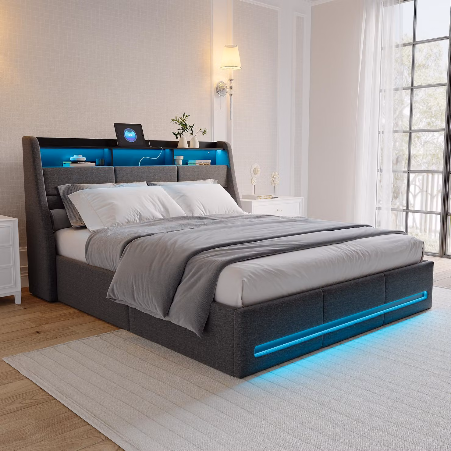 Letto (160 x 200 cm) con illuminazione LED, connessione USB, rete a doghe, letto contenitore con testiera, letto contenitore idraulico per 2 persone, grigio