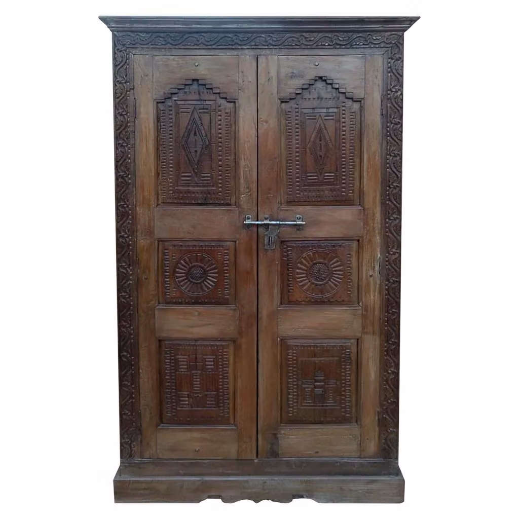 Armadio Wanderlust Deco in legno e metallo marrone con ante a battente, stile etnico e decorazioni geometriche, L: 124 cm, P: 41 cm, H: 212 cm – 2