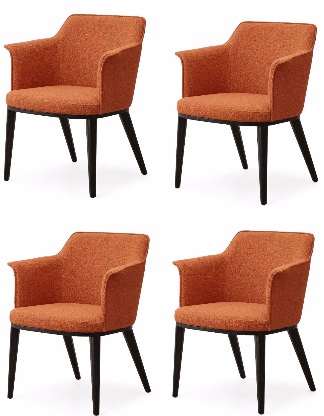 Set di 4 poltrone con braccioli originali, colore arancione terracotta, rivestite in tessuto bouclé