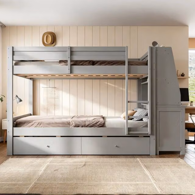 Letto a castello ULEVR 140x200 cm con scrivania, elemento laterale reversibile e 2 cassetti, grigio