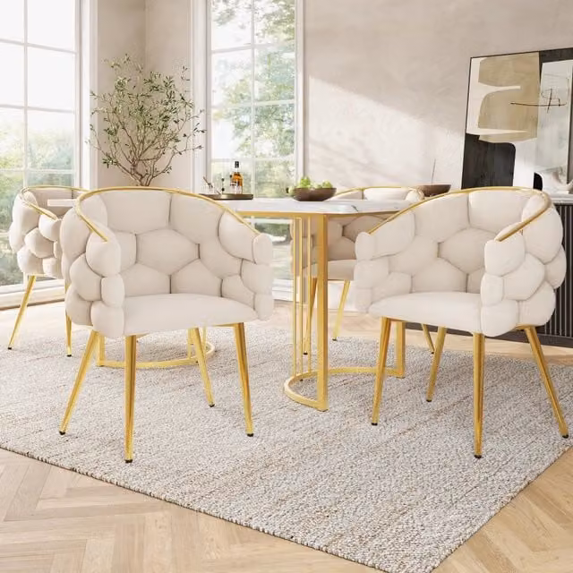 Sedie da Pranzo in Velluto Beige ¨C MINIMAL ¨C Set 4 Pezzi, Gambe Dorate, Stile Moderno