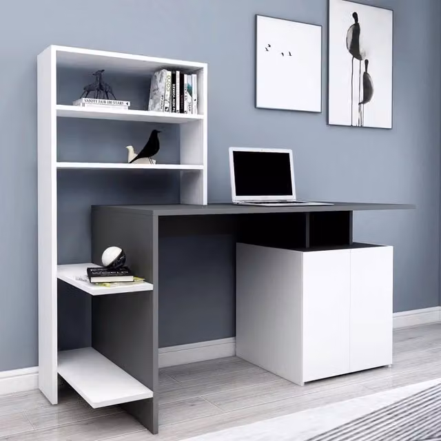 Scrivania da ufficio DMORA Recco con 8 ripiani, colore nero antracite, L: 146 cm, P: 60 cm, H: 74 cm – 1