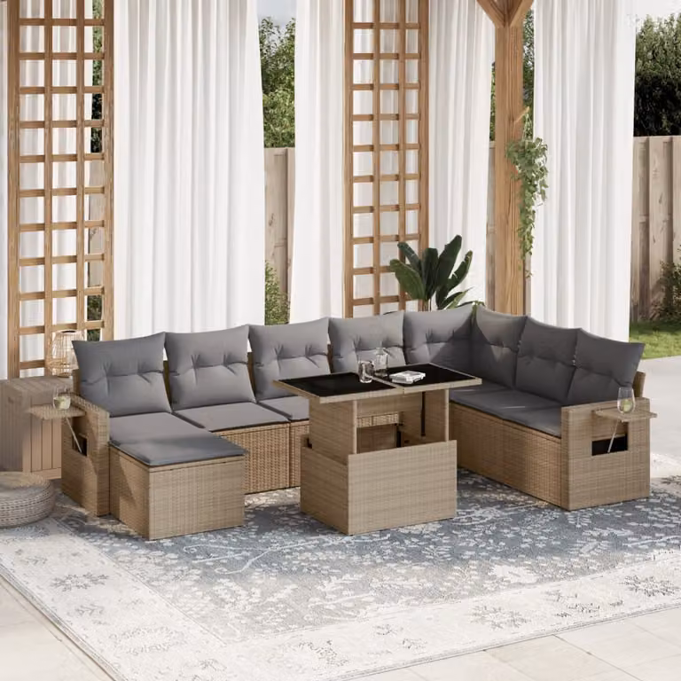 vidaXL Set Divano da Giardino 9 pz a Forma a L con Cuscini Beige e Grigio in Polyrattan e Acciaio