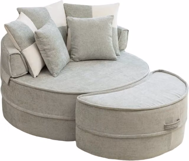 Poltrona rotonda verde in chenille con 5 cuscini e pouf, per soggiorno e camera da letto