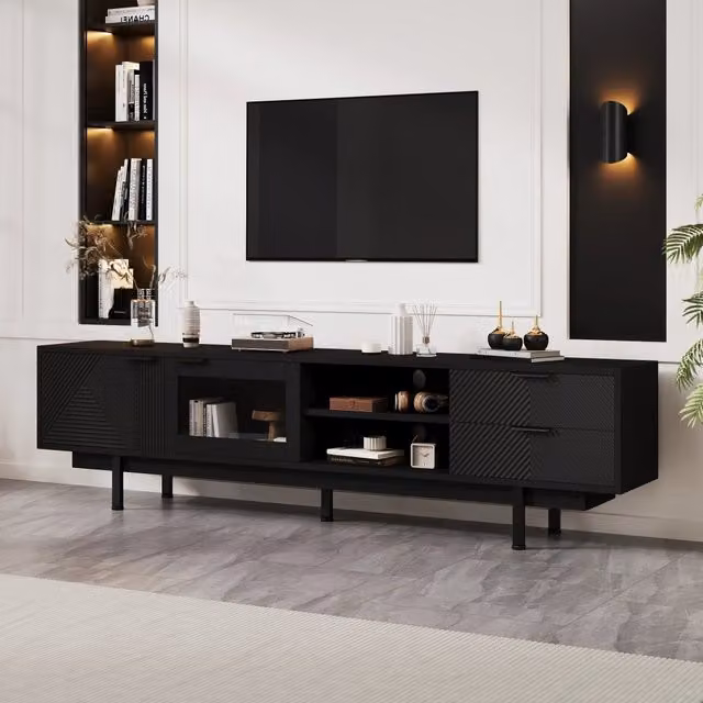 Mobile TV moderno WISHDOR nero con dettagli in vetro e finitura opaca, L/P/H: 200 x 40 x 50,5 cm