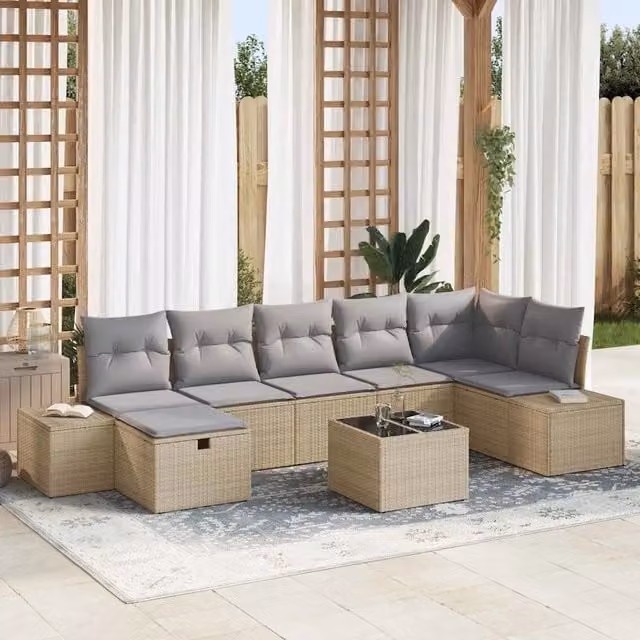 Set di divani da giardino vidaXL in rattan con cuscini beige e tavolino da caffè, 7 pezzi