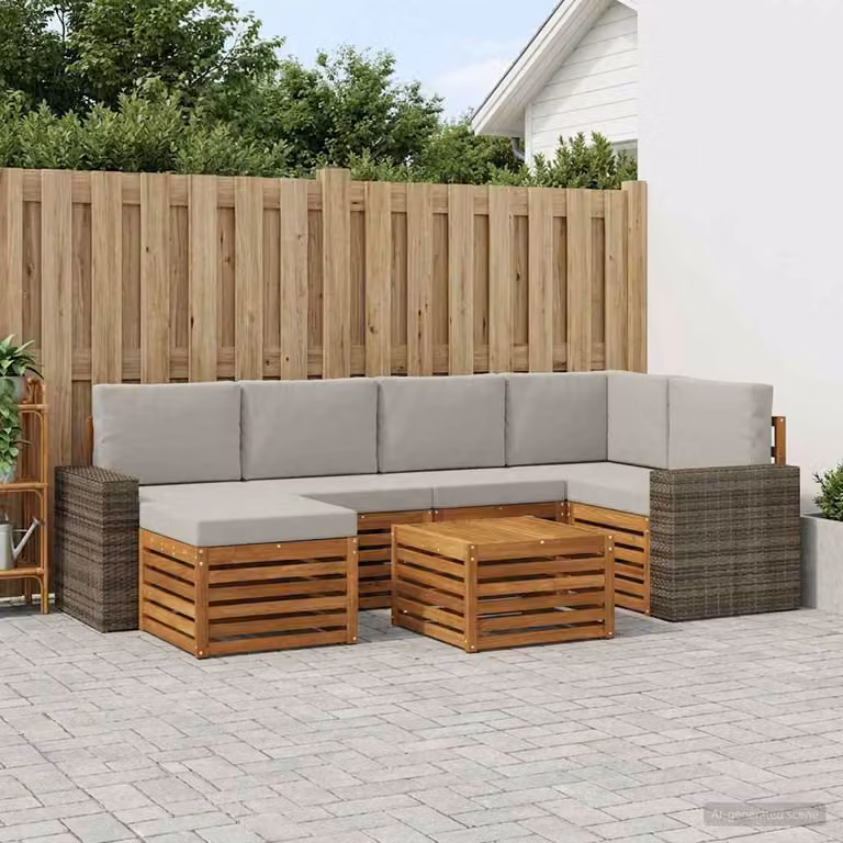 Set di divani da esterno vidaXL 7 pz in legno di acacia con angolare, pouf e tavolino, colore beige e grigio chiaro