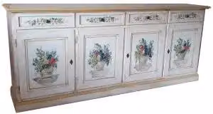 Credenza madia buffet in legno Shabby chic 4 ante mod Martini bianca anticata decorata cesto di frutta filo ocra