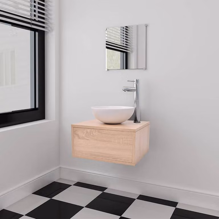 Set di mobili da bagno vidaXL 4 pezzi beige con lavabo e armadietto specchio in legno e ceramica