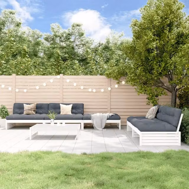 Set da giardino vidaXL composto da 6 pezzi con divano a L, tavolino e pouf in legno massello di pino bianco e cuscini inclusi