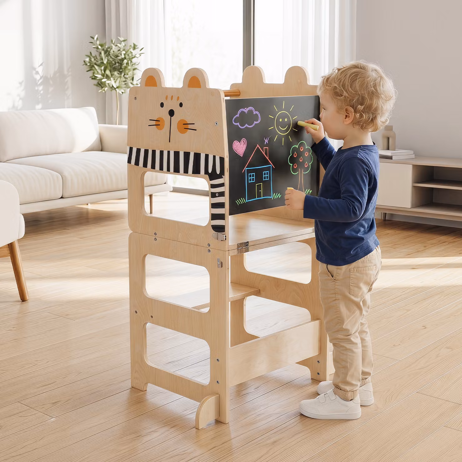 Torre montessoriana pieghevole Costway in legno con lavagna e tavolo-sedia per bambini, ideale per cucina e bagno, colore beige e marrone