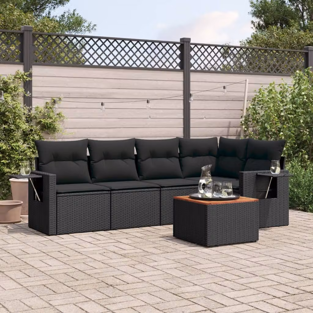 Set Divano da Giardino vidaXL 6 pz a L con Cuscini Nero in Polyrattan e Legno di Acacia – 1