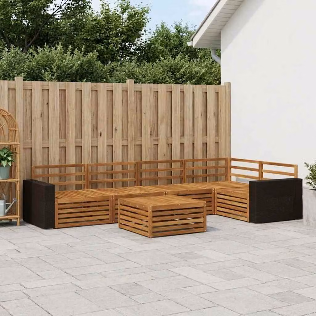 vidaXL Set di divani da esterno a L in legno di acacia massello marrone con cuscini e tavolino da giardino