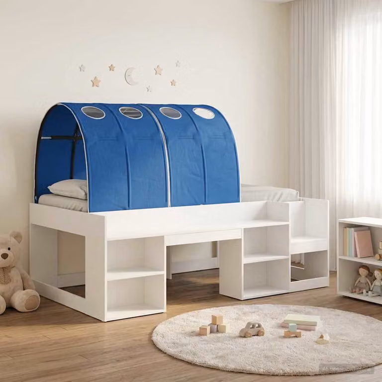 vidaXL Letto Singolo per Bambini con Struttura a Casetta e Tunnel, Bianco e Blu, L/P/H: 190 x 90 x 118,5 cm