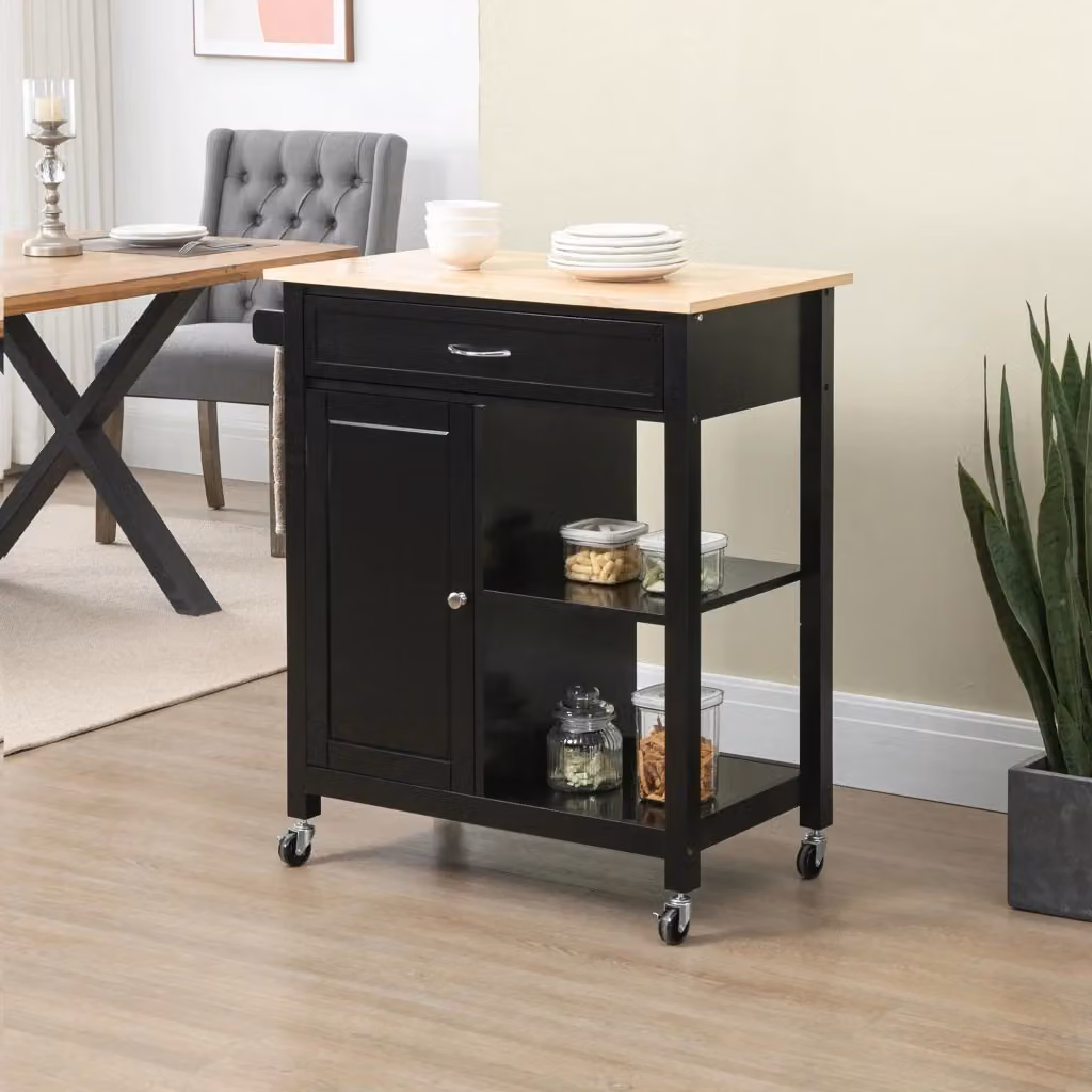 Carrello da cucina GIORDANOSHOP nero con 1 cassetto, 1 armadietto e 2 ripiani in MDF e metallo L/P/H: 83 x 45 x 88 cm – 2