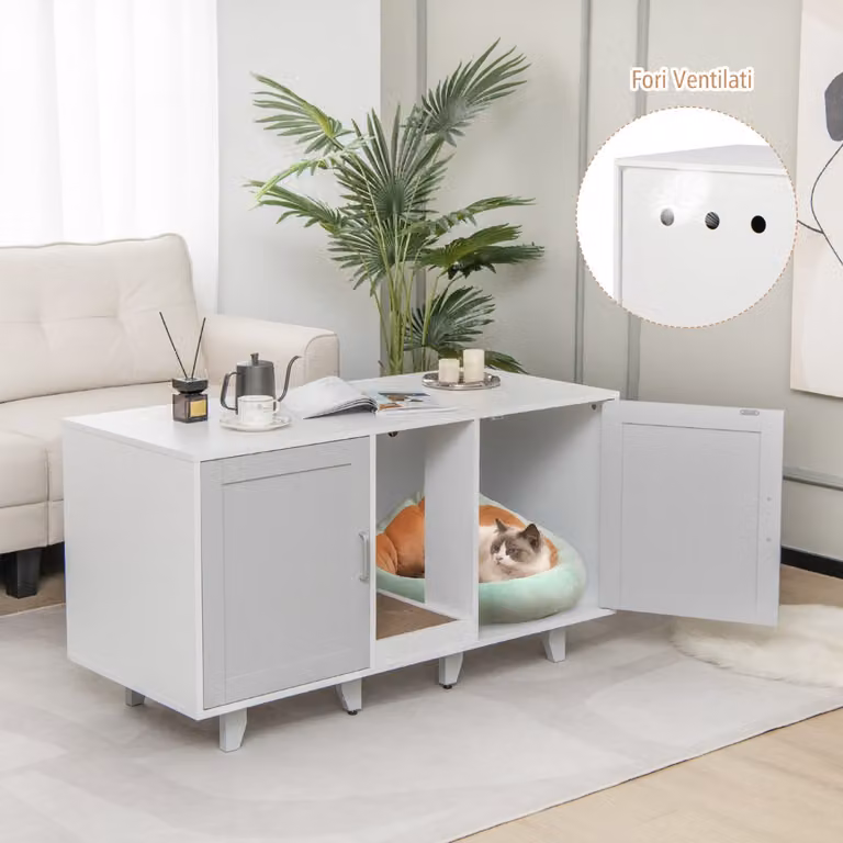 Costway Mobile lettiera per gatti con ingressi sinuosi, tiragraffi in sisal sostituibile e gambe staccabili, Armadietto casetta per gatti Grigio